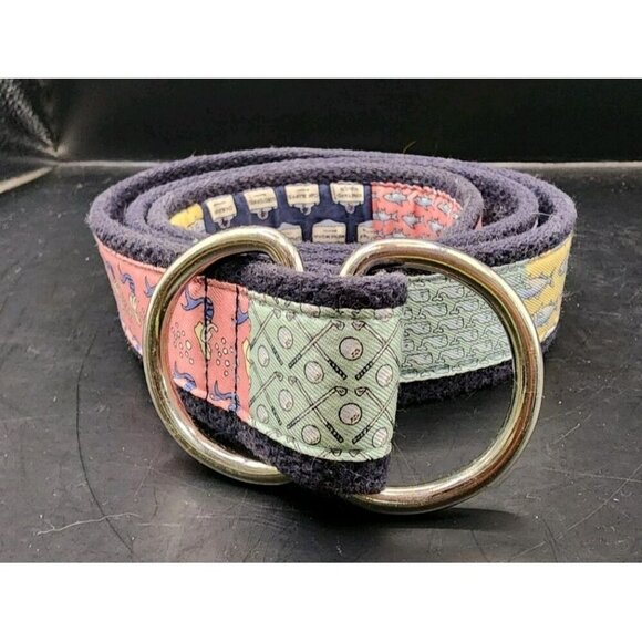 Vineyard Vines Belt Sz M Patchwork D Ring Style Golf Mermaids Fish Whales Navy - Picture 1 of 5